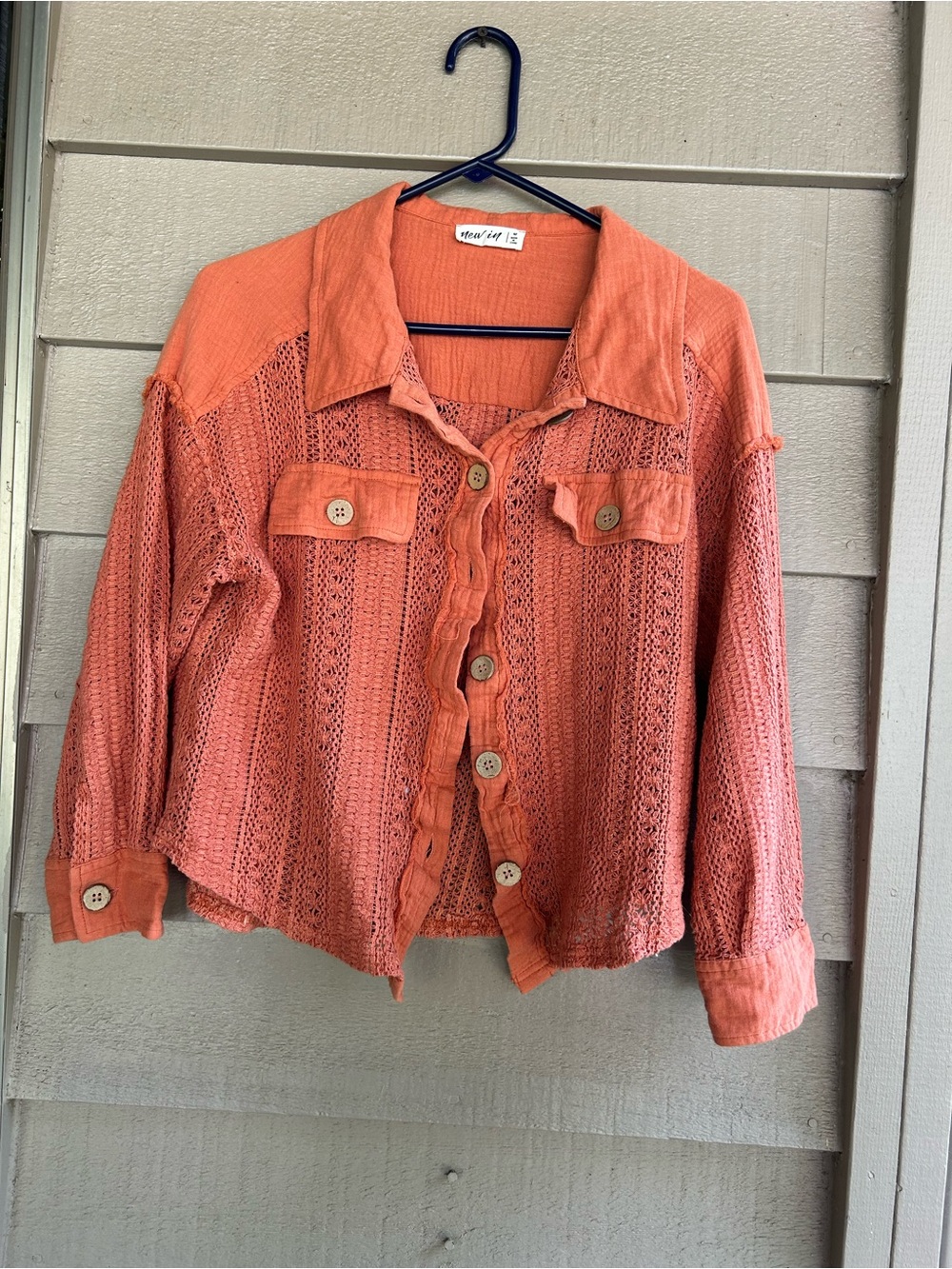 New In Women's Lightweight Crochet Button-Up Top in Coral pockets loose weave